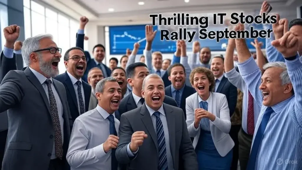 Vibrant Mumbai stock exchange with traders celebrating the thrilling IT stocks rally amid buyback announcements in September 2025, featuring a rising Nifty IT graph
