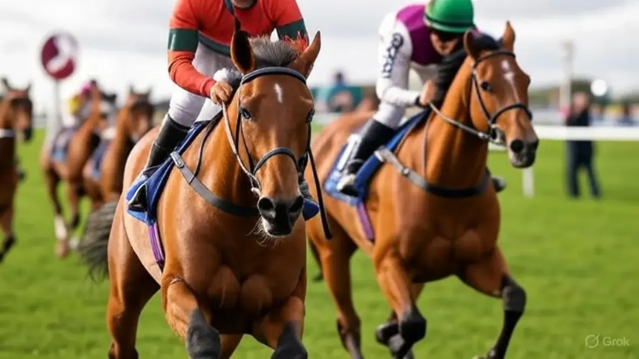 A dramatic shot of an empty racecourse with a protest banner, text overlay: “British Horse Racing Strike 2025: Shocking Halt!