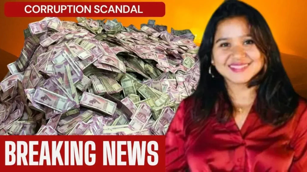 Nupur Bora split face showing clean vs corruption side with money and legal documents in background