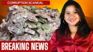 Nupur Bora split face showing clean vs corruption side with money and legal documents in background
