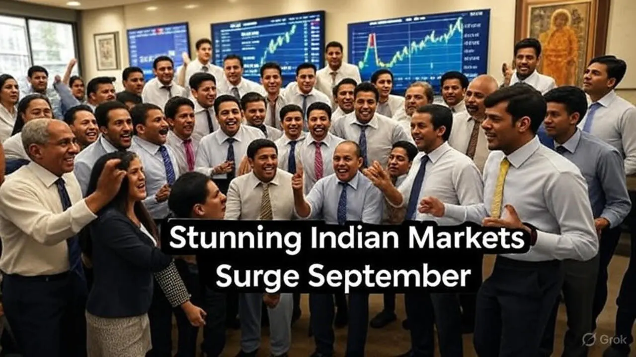 Vibrant Mumbai stock exchange floor with traders celebrating during Indian markets surge in September 2025, featuring Nifty 50 and Sensex gains