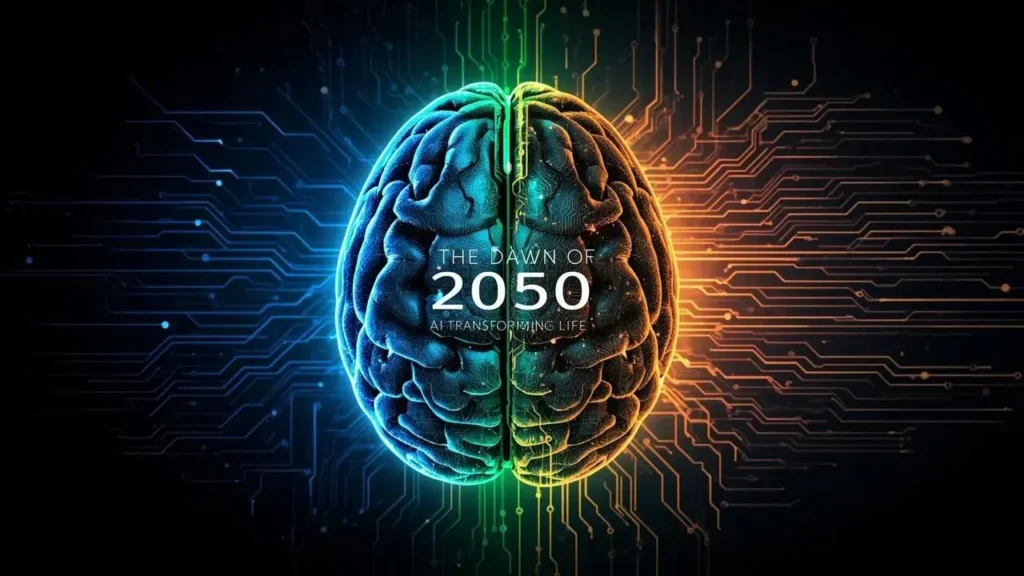 Futuristic city with AI technology and human interacting with holographic interface representing AI in 2050