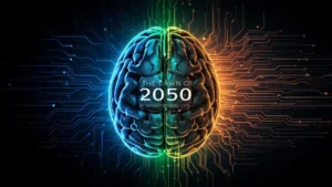 Futuristic city with AI technology and human interacting with holographic interface representing AI in 2050